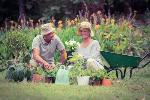 Gardener wearing protective gear beginning a landscape task