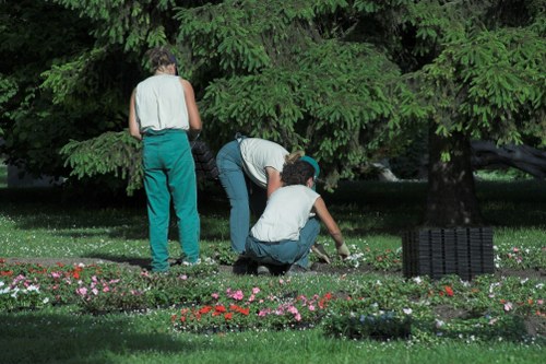 Gardener wearing protective equipment trimming hedges